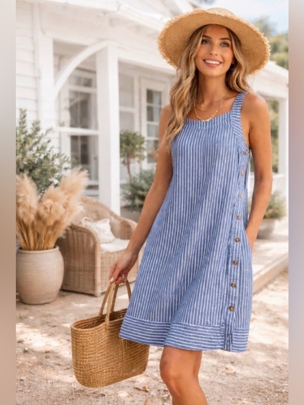 For Cynthia Blue White Stripe Linen Blend Sleeveless Side Button Short Dress L ?
